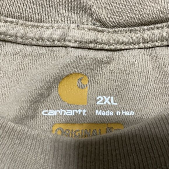 Carhartt Men Shirt 2XL Tan Original Fit Crew Neck Pocket Work Wear - TINY HOLE - Picture 3 of 6